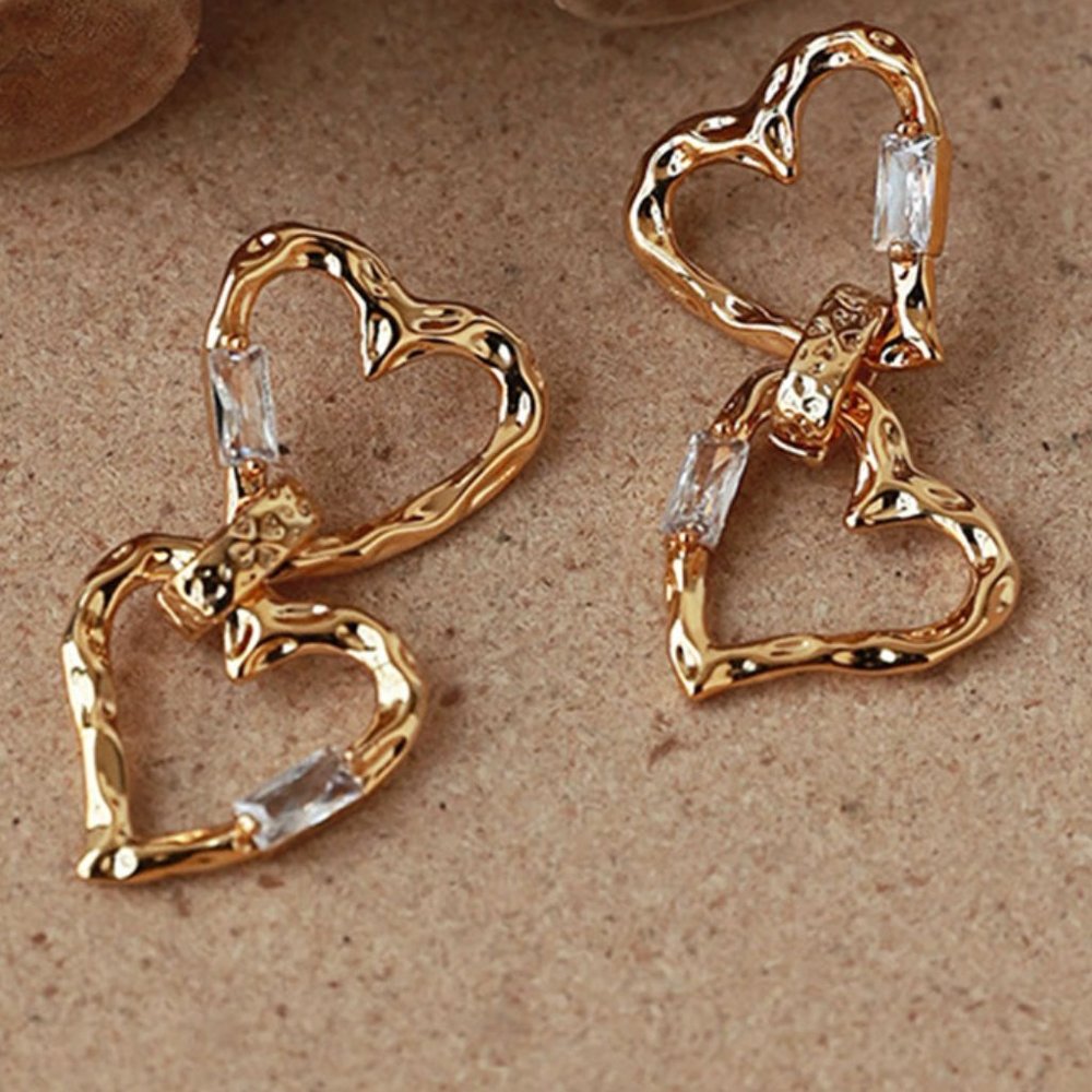 Cubic Zirconia Double Heart Dropped Earrings